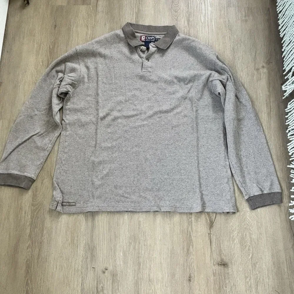 Chaps Ralph Lauren Polo Shirt Mens XL Brown Gray Herringbone Long Sleeve Vintage